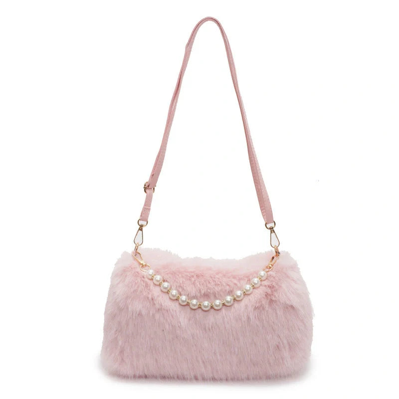 Autumn and winter plush pearl chain crossbody bag for women in various colours