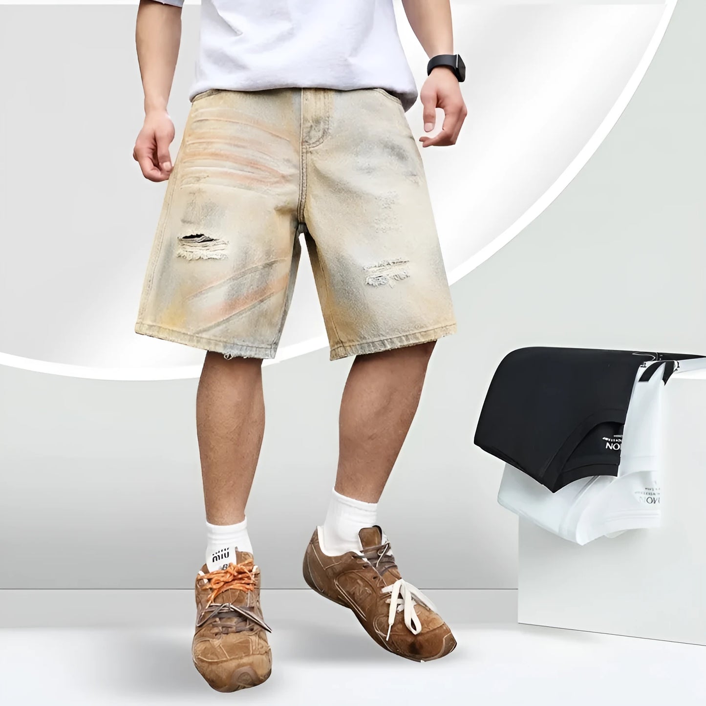 Men's light blue denim shorts with distressed finish and straight-leg silhouette