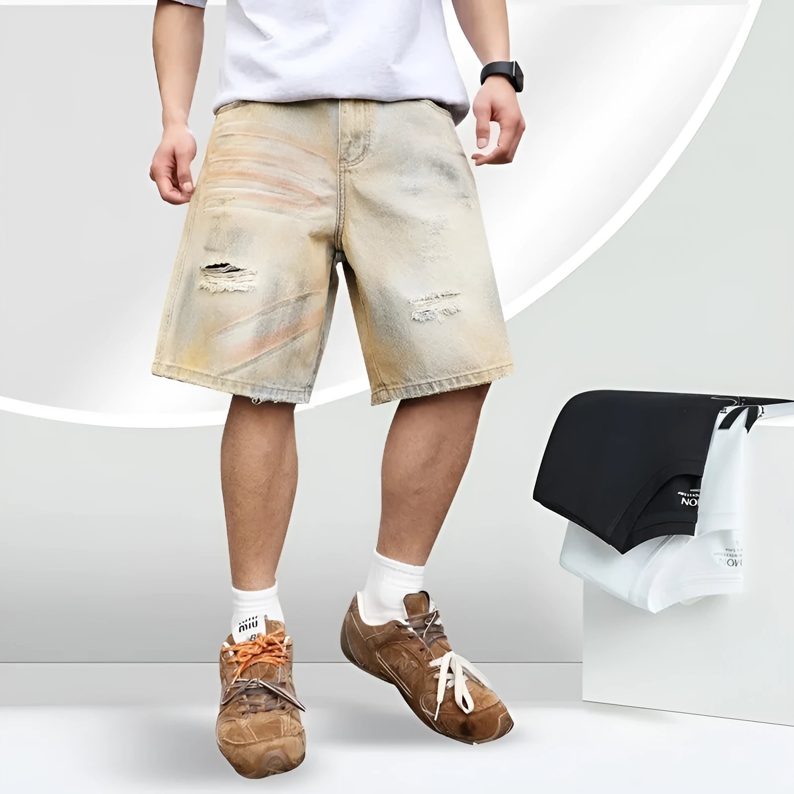 Men's light blue denim shorts with distressed finish and straight-leg silhouette