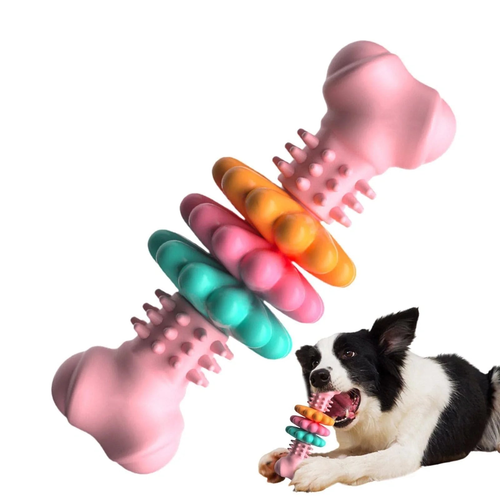 TPR Dog Chew Bone in blue, pink, and green for teeth cleaning and stress relief