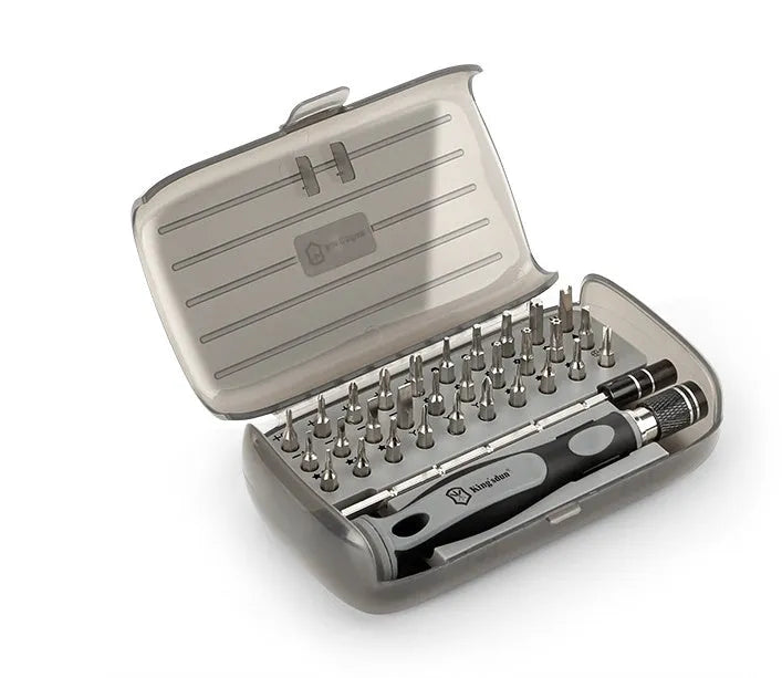 32-piece screwdriver set with 30 bits in compact plastic case measuring 130mm