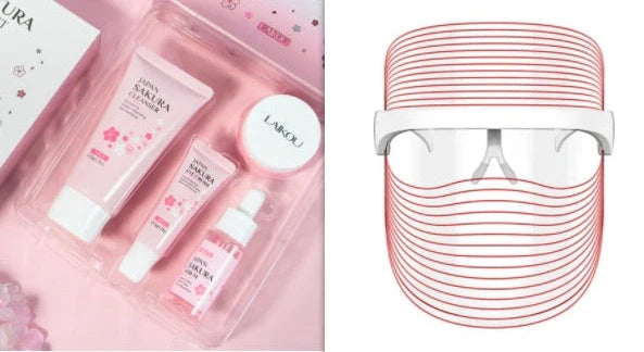White LED mask measuring 20×17cm for skin light therapy with 7 colours including red, blue, and yellow lights