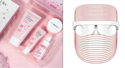 White LED mask measuring 20×17cm for skin light therapy with 7 colours including red, blue, and yellow lights