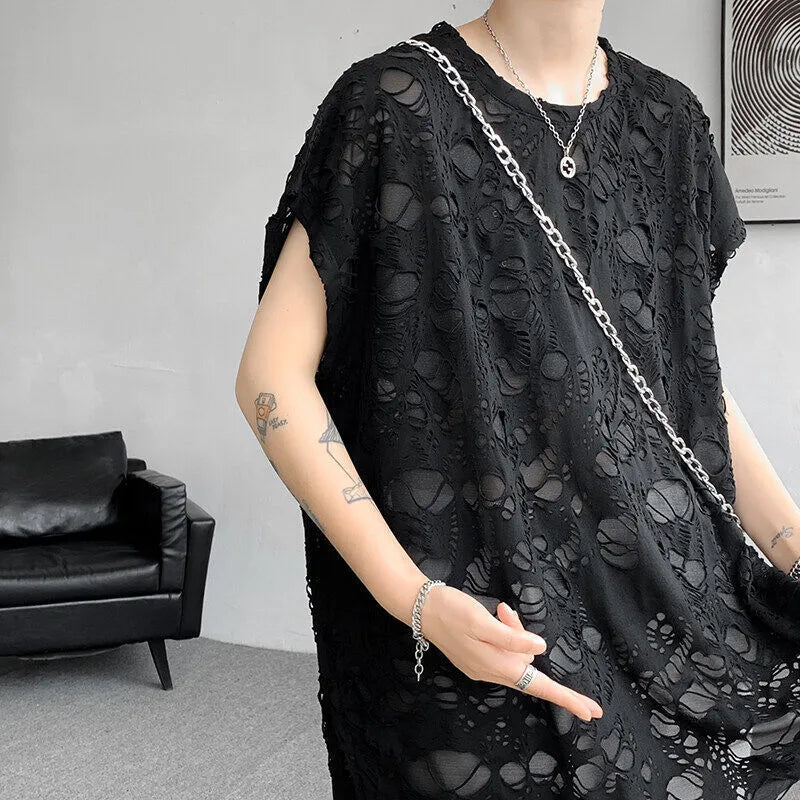 Black loose-fit sleeveless vest with ripped detail and wide shoulders, showcasing Japanese retro style.