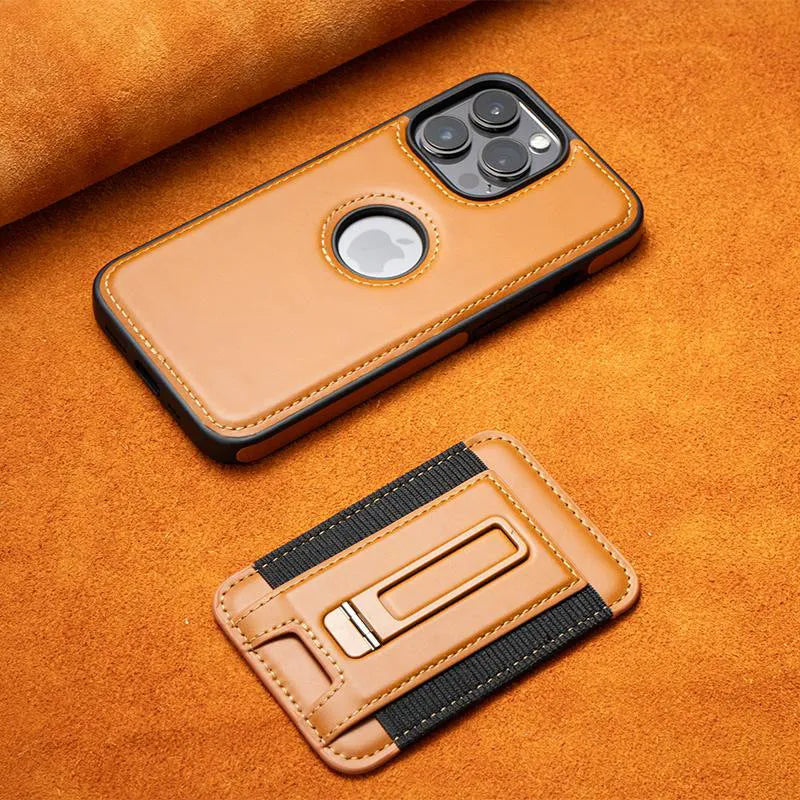Magnetic card holder iPhone case in imitation leather with bracket, drop-resistant, shown in Black, Blue, Light Brown and Wine Red.