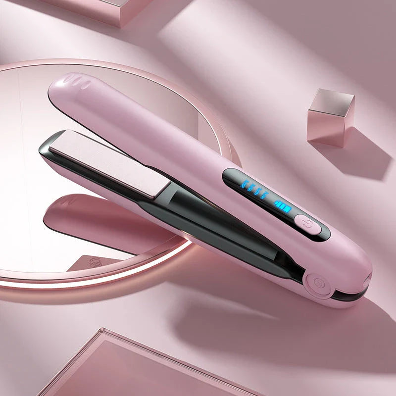 Cordless hair straightener and curler with ceramic plates, 4 heat settings, and 5000mAh rechargeable battery for on-the-go styling