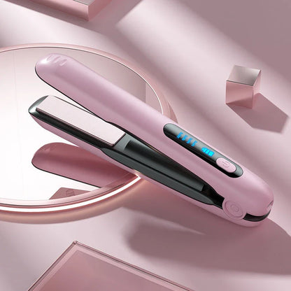 Cordless hair straightener and curler with ceramic plates, 4 heat settings, and 5000mAh rechargeable battery for on-the-go styling