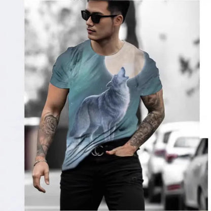 Retro-style men's short-sleeved T-shirt featuring a vibrant 3D animal graphic print on lightweight fabric.