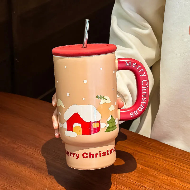 800ml white porcelain ceramic Christmas mug with cartoon pattern and cylindrical single-layer body