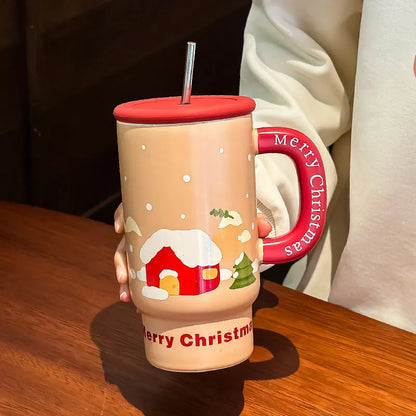 800ml white porcelain ceramic Christmas mug with cartoon pattern and cylindrical single-layer body