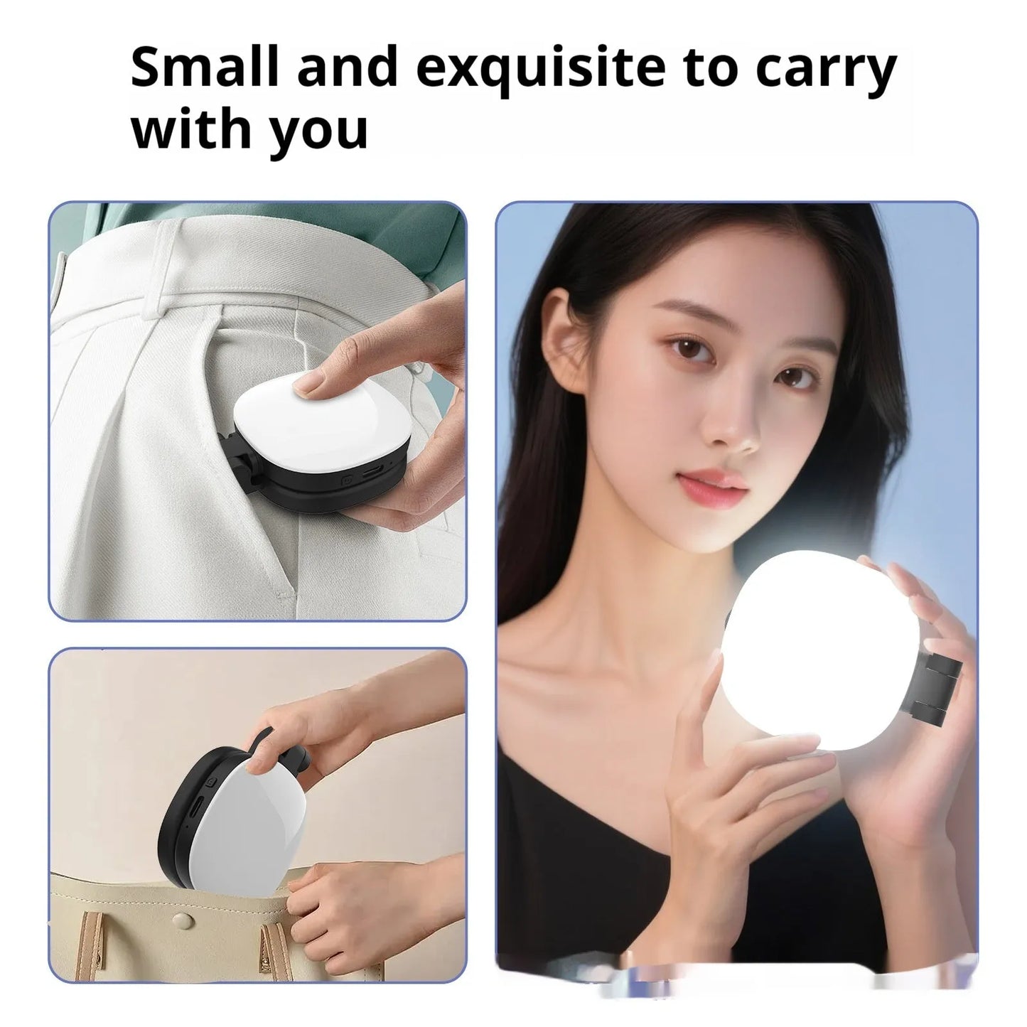 Black and white mini mobile phone fill light with magnetic holder attached to a smartphone