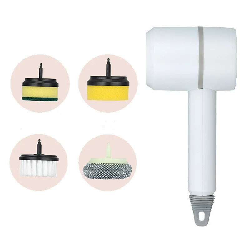 Green electric cleaning brush with multiple brush heads on a kitchen worktop.