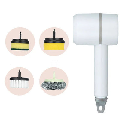 Green electric cleaning brush with multiple brush heads on a kitchen worktop.