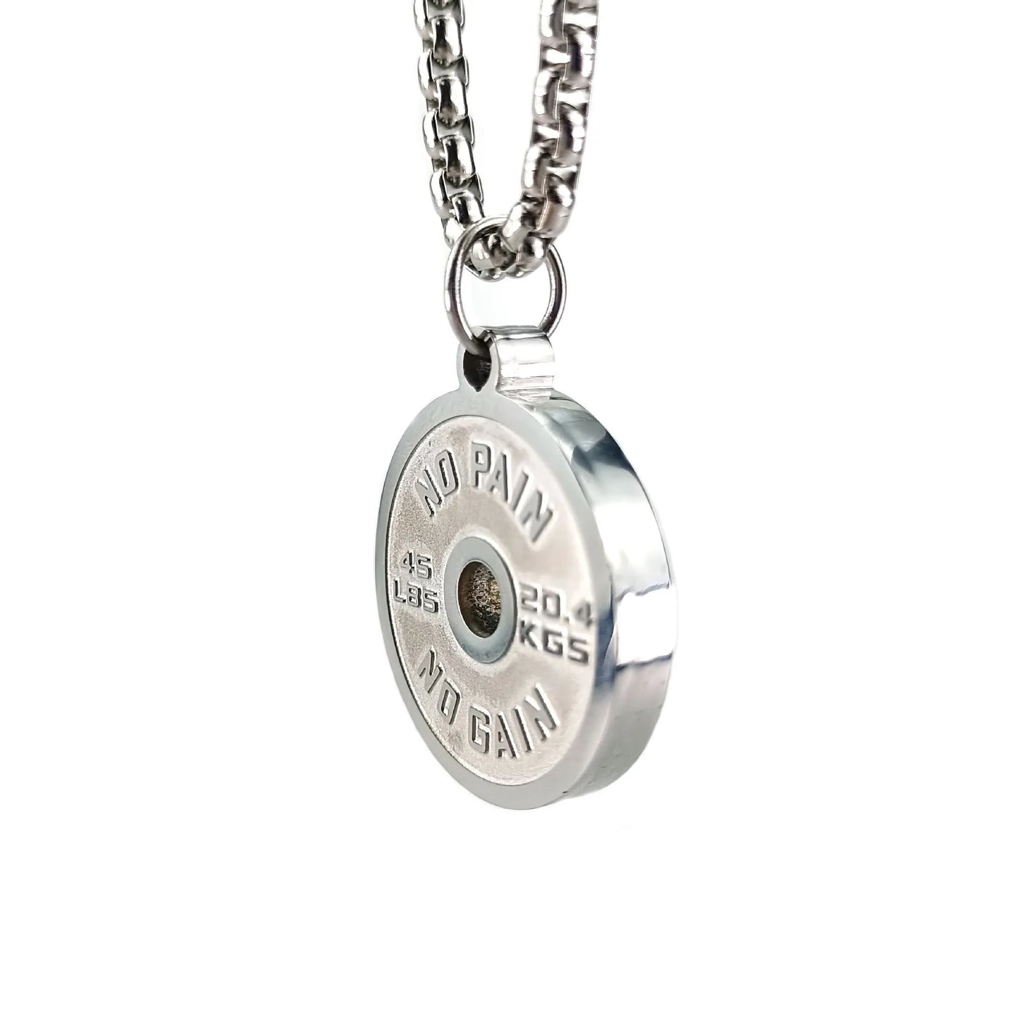 Stainless steel barbell disk necklace with polished pendant on 60cm chain