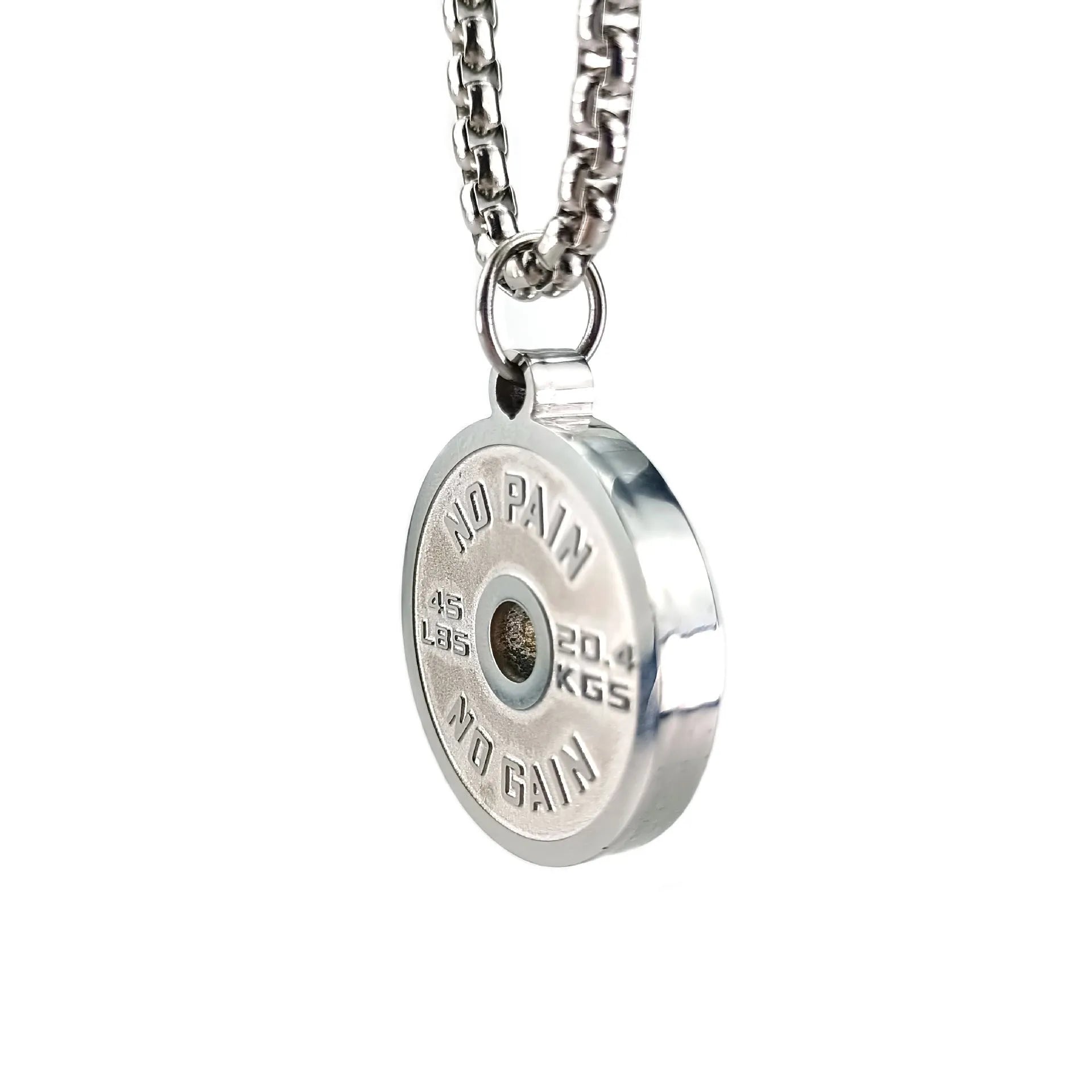 Stainless steel barbell disk necklace with polished pendant on 60cm chain