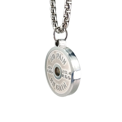 Stainless steel barbell disk necklace with polished pendant on 60cm chain