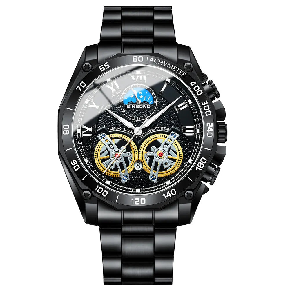 Men's hollow mechanical watch 11mm thick with visible movement and choice of gold, black steel, or white steel finish