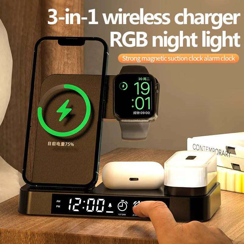 White 4-in-1 wireless charger station with foldable stand, alarm clock display, and Apple Watch charger