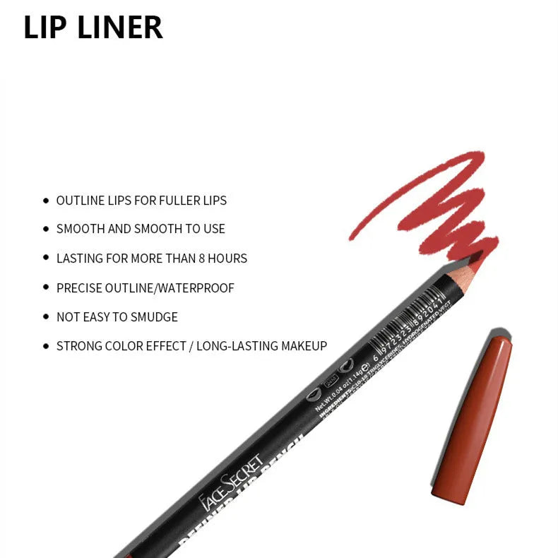 Matte finish lip liner pencil shown in a case, with 14 shade options from 201 to 214 for lip contouring.