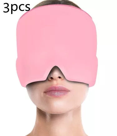 Ice Compress Headache Relief Hat in black and pink, offering 360-degree cold therapy for migraines and stress