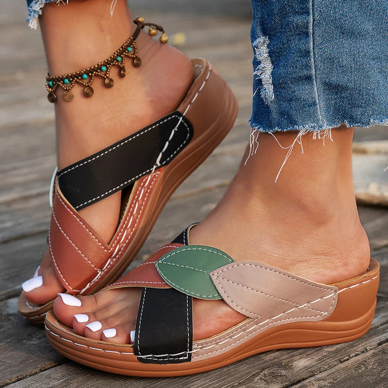 Women's Thick-Soled Cross-Strap Peep-Toe Slippers available in sizes 36-43 with a chunky platform sole made from polyurethane, featuring a fish mouth scaffold shape and lined with PU material in black, red, or white.