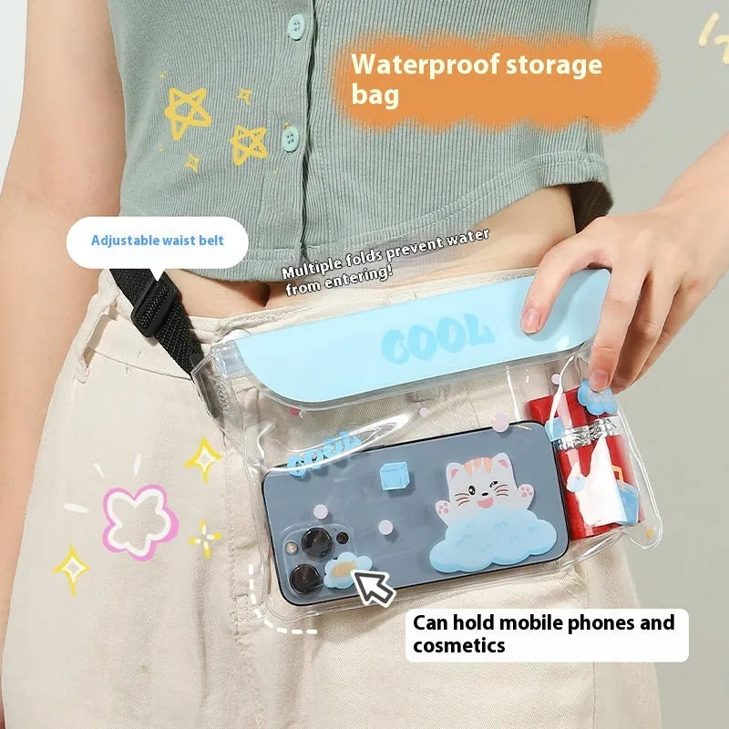 Waterproof PVC phone waist bag with adjustable waistband and touch screen, cartoon animal design, free size