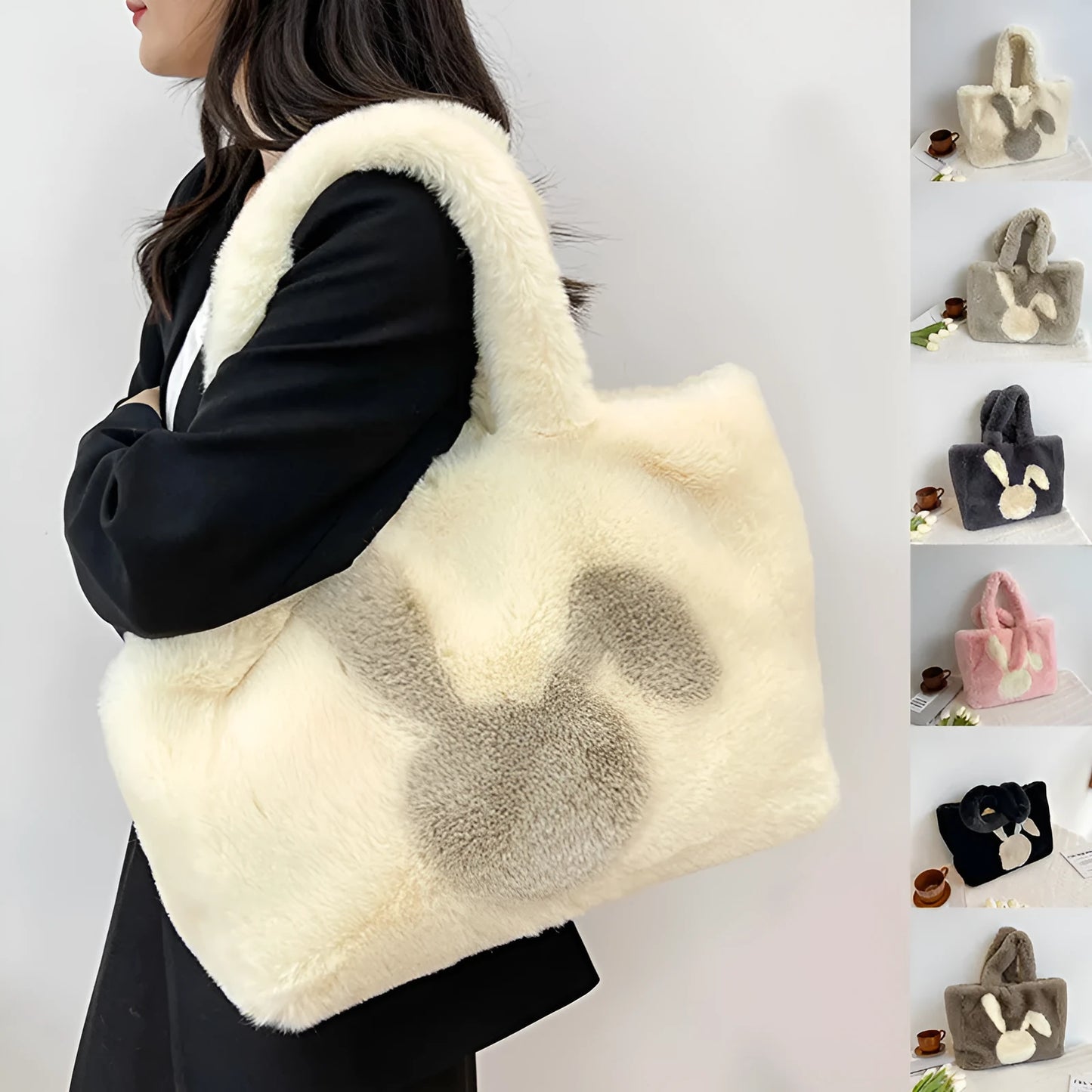 Soft plush tote bag with cartoon rabbit ears in solid colours like beige, pink, and black.