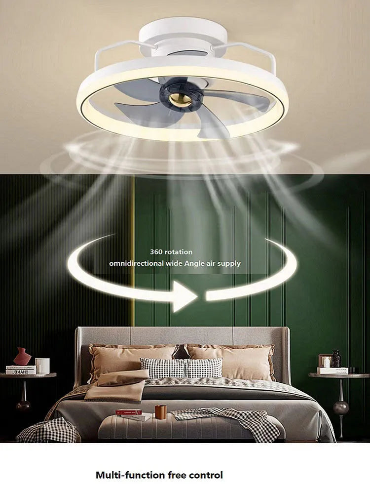 Modern white ceiling fan lamp with integrated light and PC plastic blades.