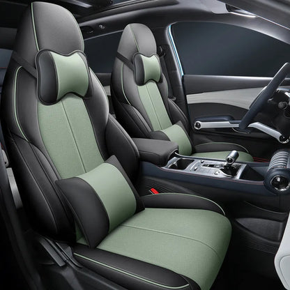 BYD Yuan PLUS car seat with fitted all-inclusive cushion cover in Adventure Green colour.