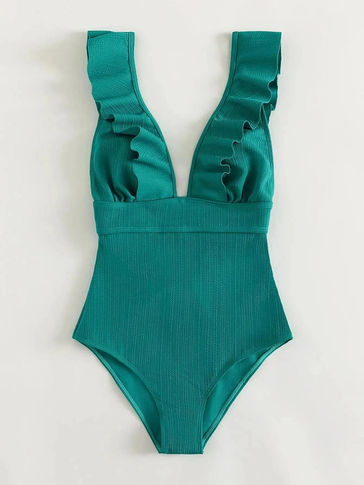 Women's black one-piece swimsuit with ruffled shoulder straps and lace back detail.