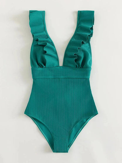 Women's black one-piece swimsuit with ruffled shoulder straps and lace back detail.