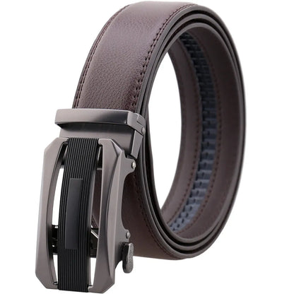 Men's alloy click belt with matte gun rectangular buckle and two-layer cowhide strap in black or brown, 110-130cm.