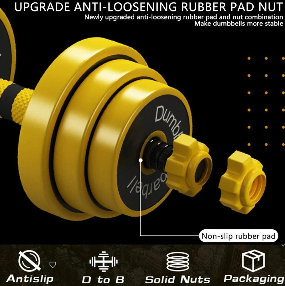 Yellow adjustable dumbbell barbell set with weight plates and connecting rod for home gym