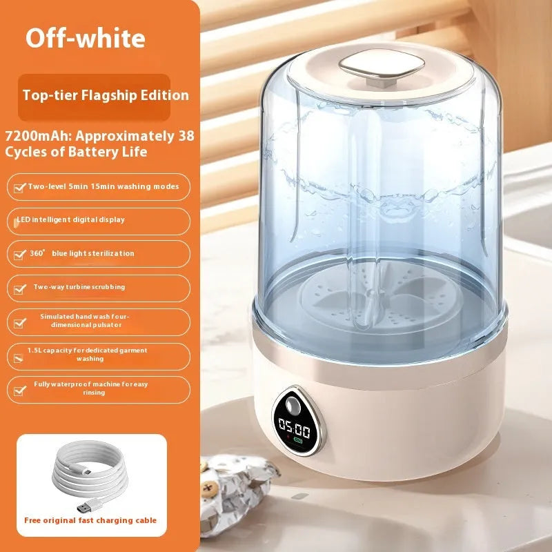 White portable USB-powered mini washing machine showing 13.5cm width and compact design
