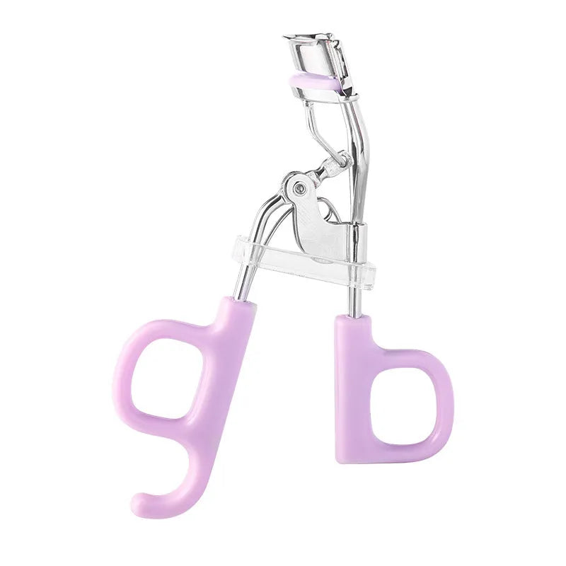 A4 chromium-coated scissor-style eyelash curler with tail design in pink or purple colour options