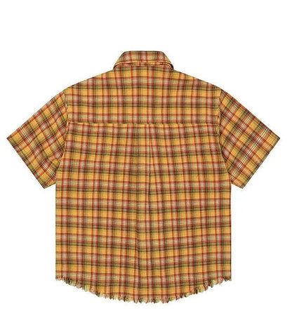 Yellow grid pattern short sleeve plaid shirt with embroidered pocket, loose fit casual shirt