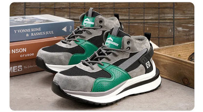 Low-top lace-up safety work shoes with a steel toe cap and anti-penetration rubber sole in black, brown, or grey.