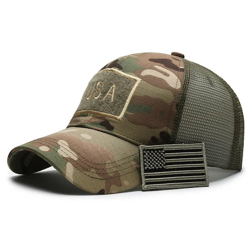 Adjustable camouflage baseball cap with Velcro closure and machine embroidery detailing