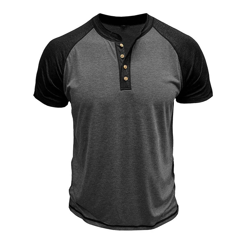 Men's short sleeve top with colour block design showing contrasting colour panels and raglan sleeves