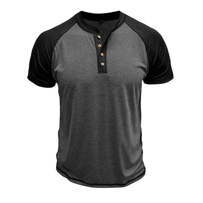Men's short sleeve top with colour block design showing contrasting colour panels and raglan sleeves