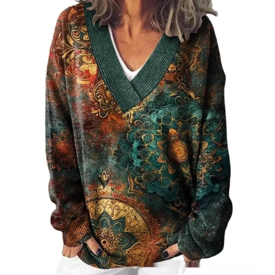 Women's V-neck sweatshirt with a detailed 3D floral pattern print in art retro style.