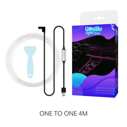 USB-powered RGB LED light strip for car interior with manual controller and five length options.