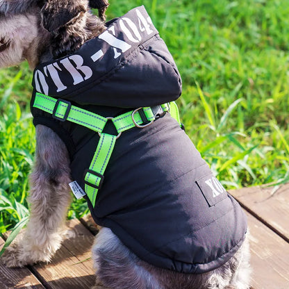 Red fleece-lined waterproof dog winter jacket with hood on a small dog