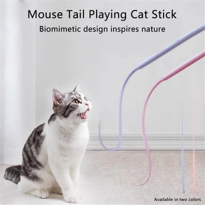Simulated mouse tail cat teaser toy with blue silicone tail and cat-head handle.