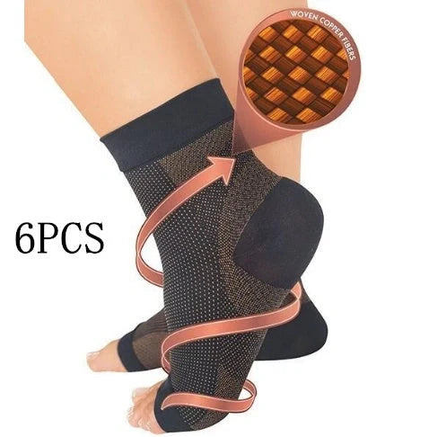 Anti-fatigue compression foot sleeve in black, red, or white, featuring moisture-wicking fabric and a heel hole for breathability.
