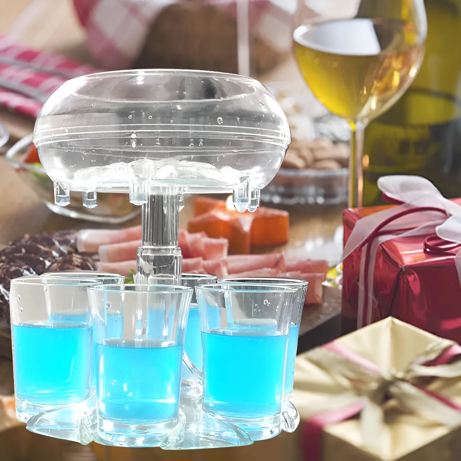 Transparent six-shot glass dispenser rack with individual covers on a wooden bar