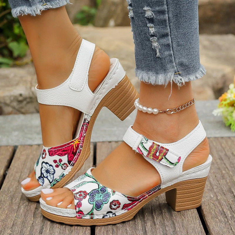 Women's casual high heel sandals with white PU upper and adjustable velcro buckle closure, available in European sizes 36-43 with durable rubber sole for comfortable fit