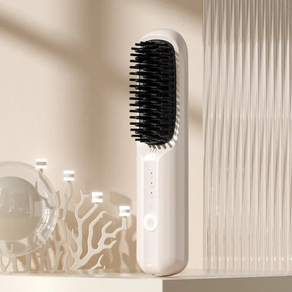 Wireless anion hair straightening comb in beige colour with Type-C charging port