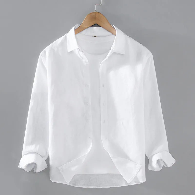 Men's pure linen long sleeve cardigan style shirt in solid colour