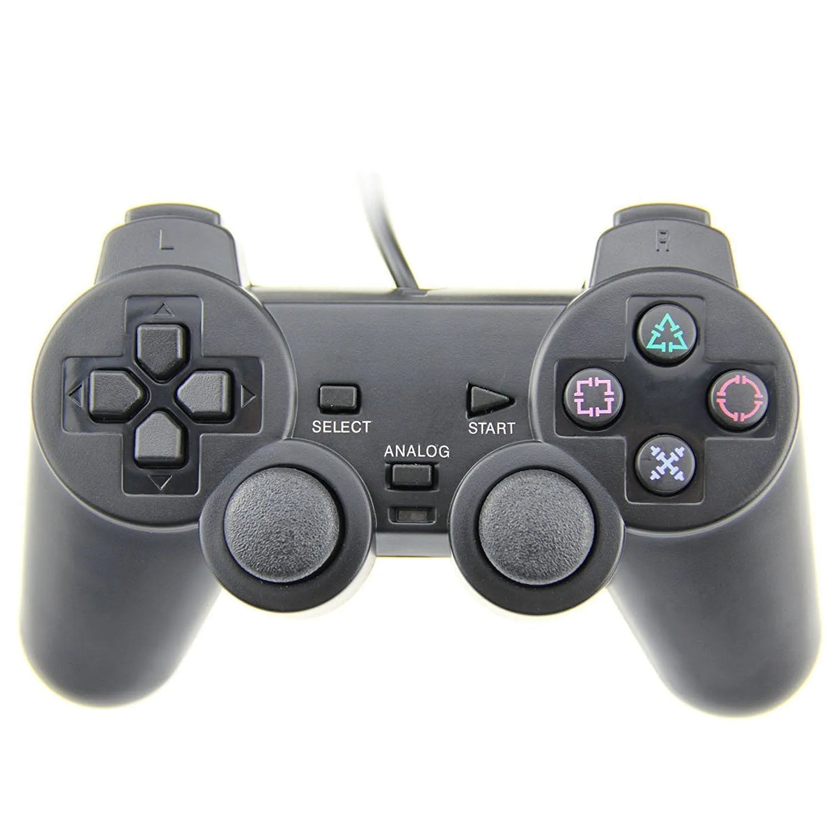 PS2 wired vibration game controller with ABS plastic housing and USB cable